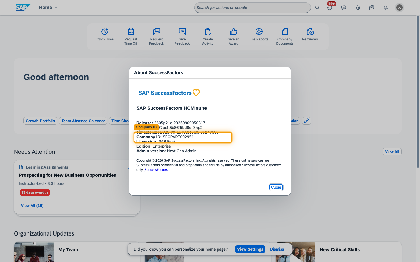 The About SuccessFactors dialog with the Company ID row highlighted