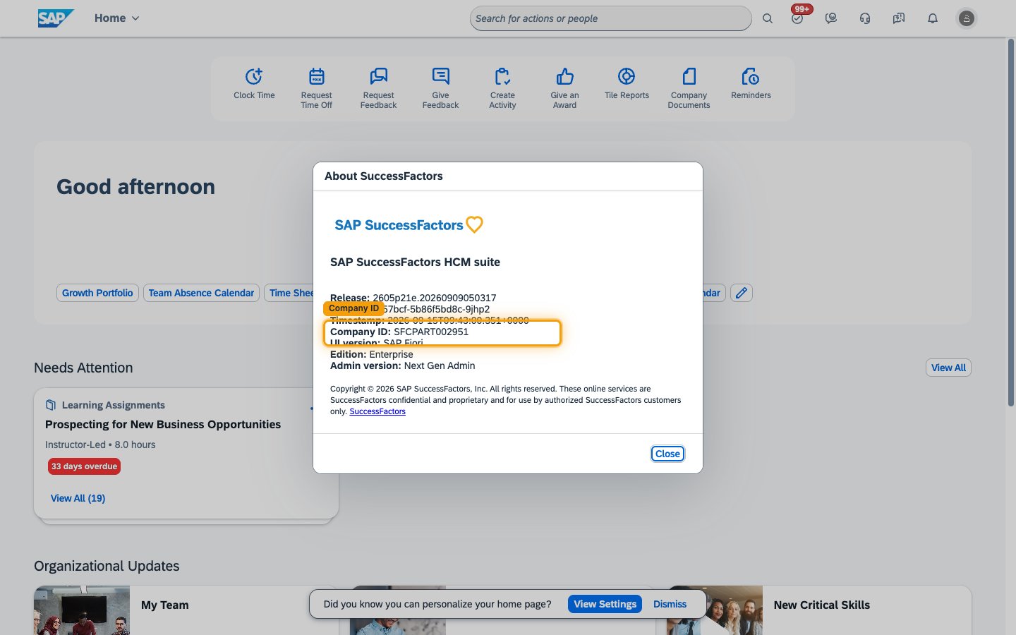 The About SuccessFactors dialog with the Company ID row highlighted
