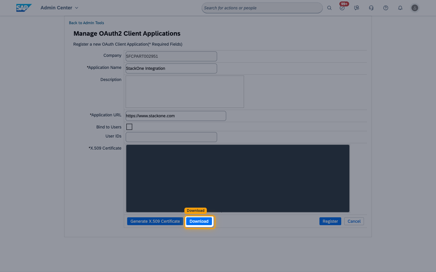 The registration form with the Download button highlighted and the certificate value masked