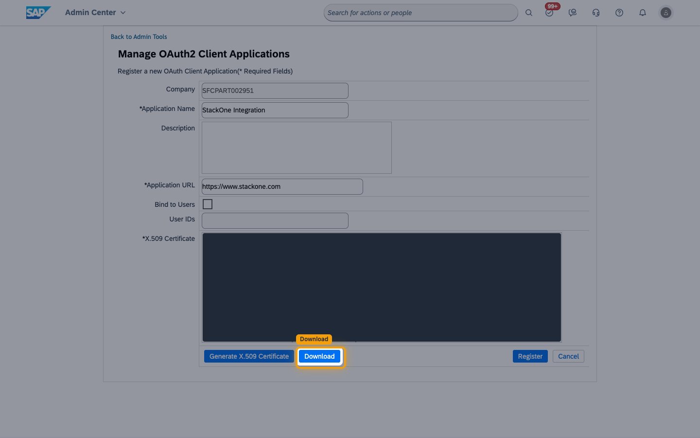 The registration form with the Download button highlighted and the certificate value masked