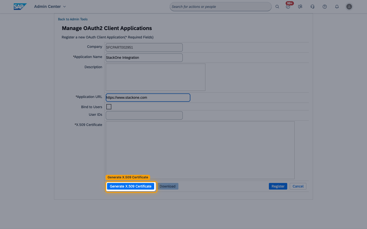 The registration form with the Generate X.509 Certificate button highlighted
