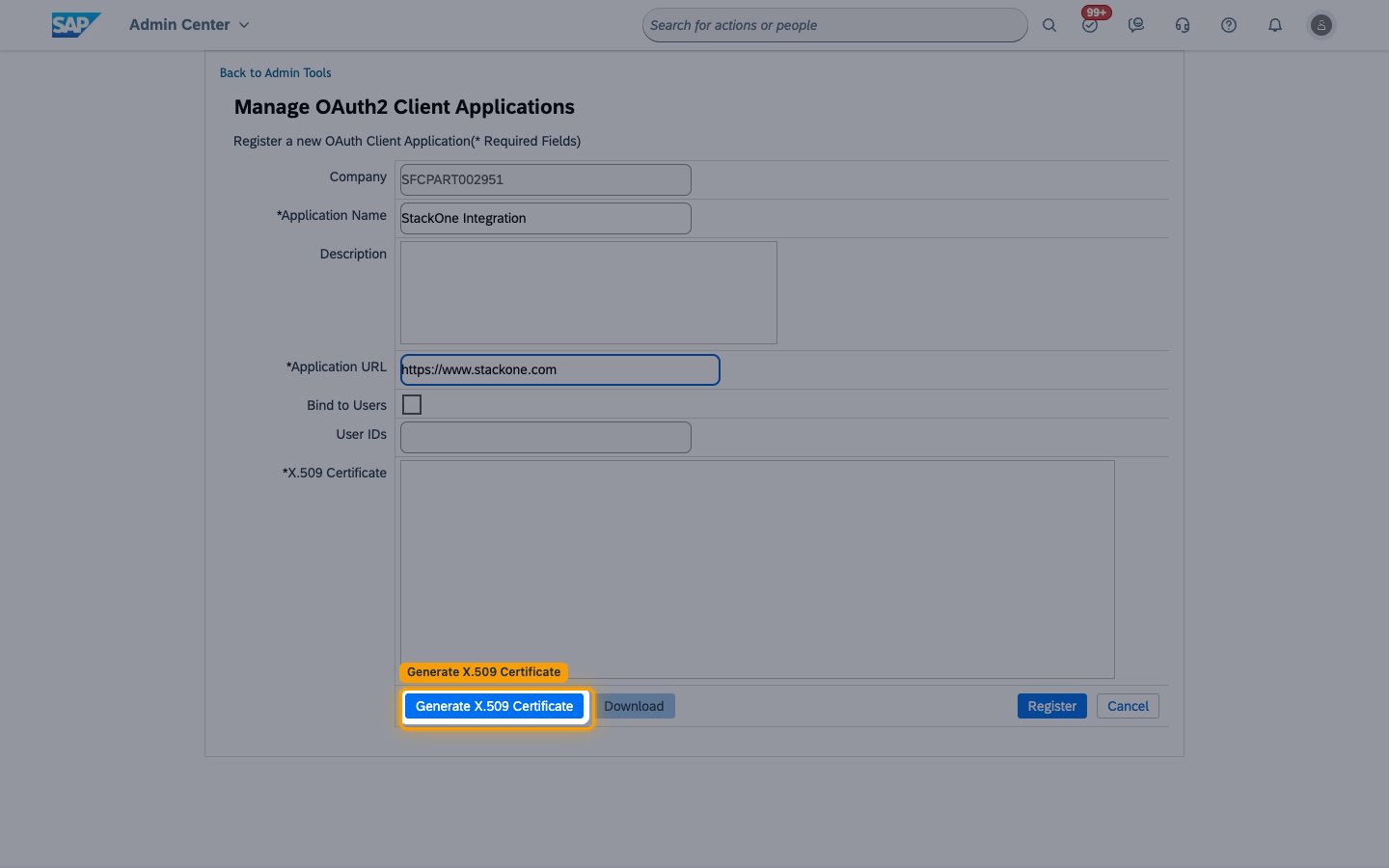 The registration form with the Generate X.509 Certificate button highlighted