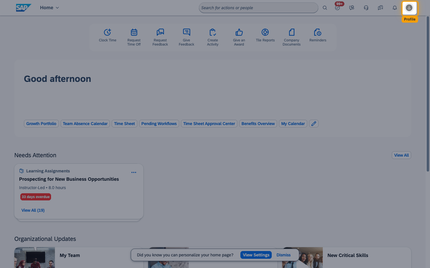 The profile image in the top-right shell bar of the SAP SuccessFactors home page, highlighted