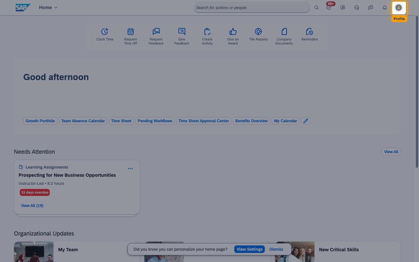 The profile image in the top-right shell bar of the SAP SuccessFactors home page, highlighted