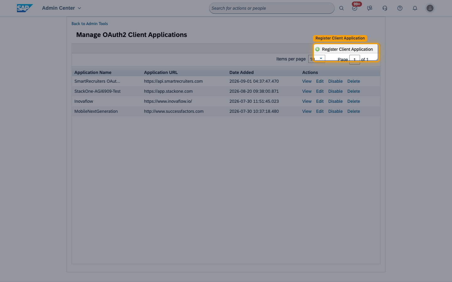 The Manage OAuth2 Client Applications page with the Register Client Application button highlighted