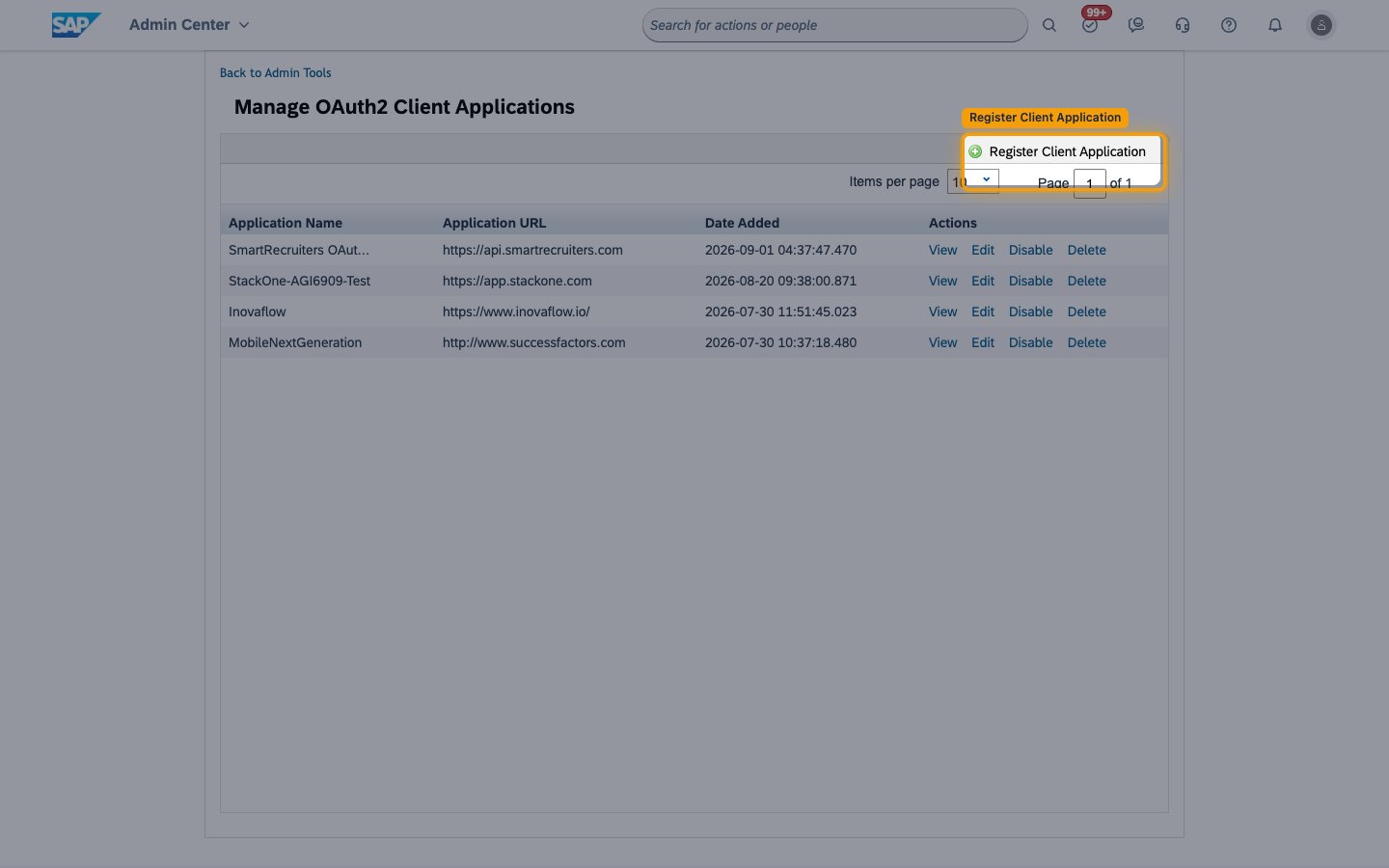 The Manage OAuth2 Client Applications page with the Register Client Application button highlighted