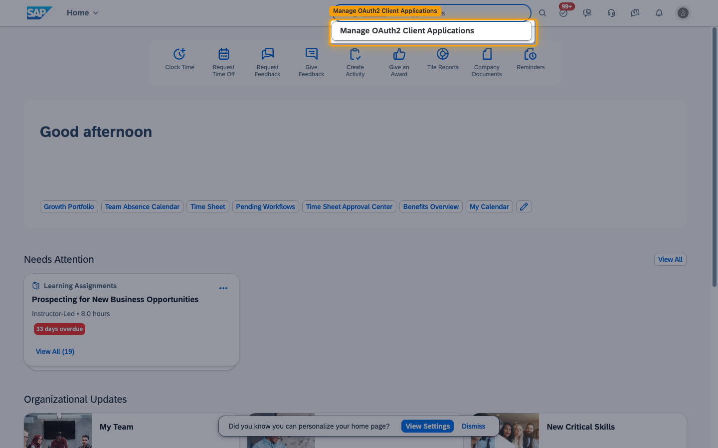 The action search showing the Manage OAuth2 Client Applications result highlighted