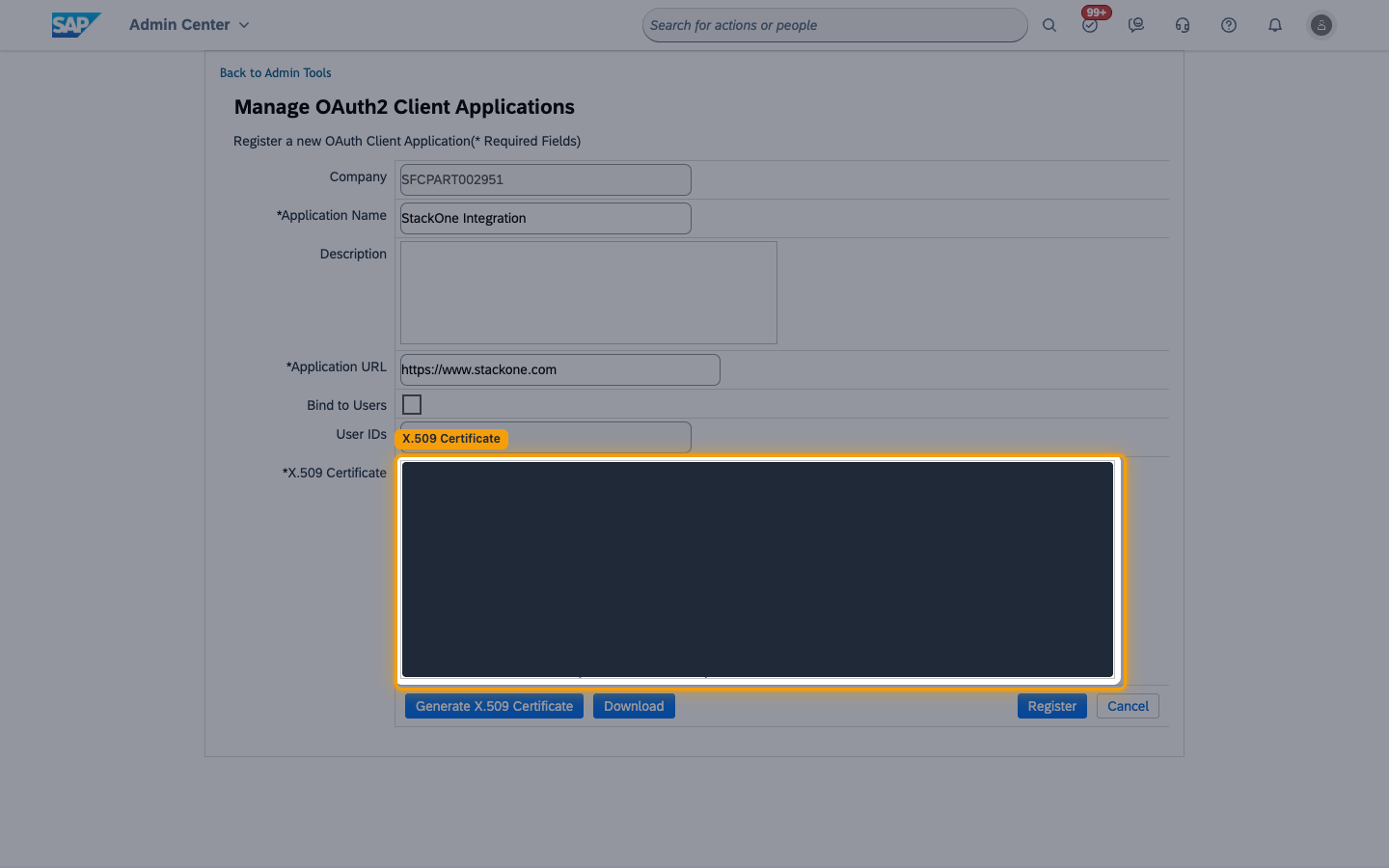 The registration form with the X.509 Certificate box highlighted and its value masked