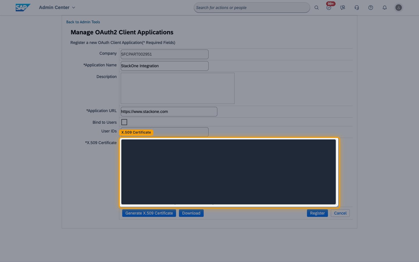 The registration form with the X.509 Certificate box highlighted and its value masked
