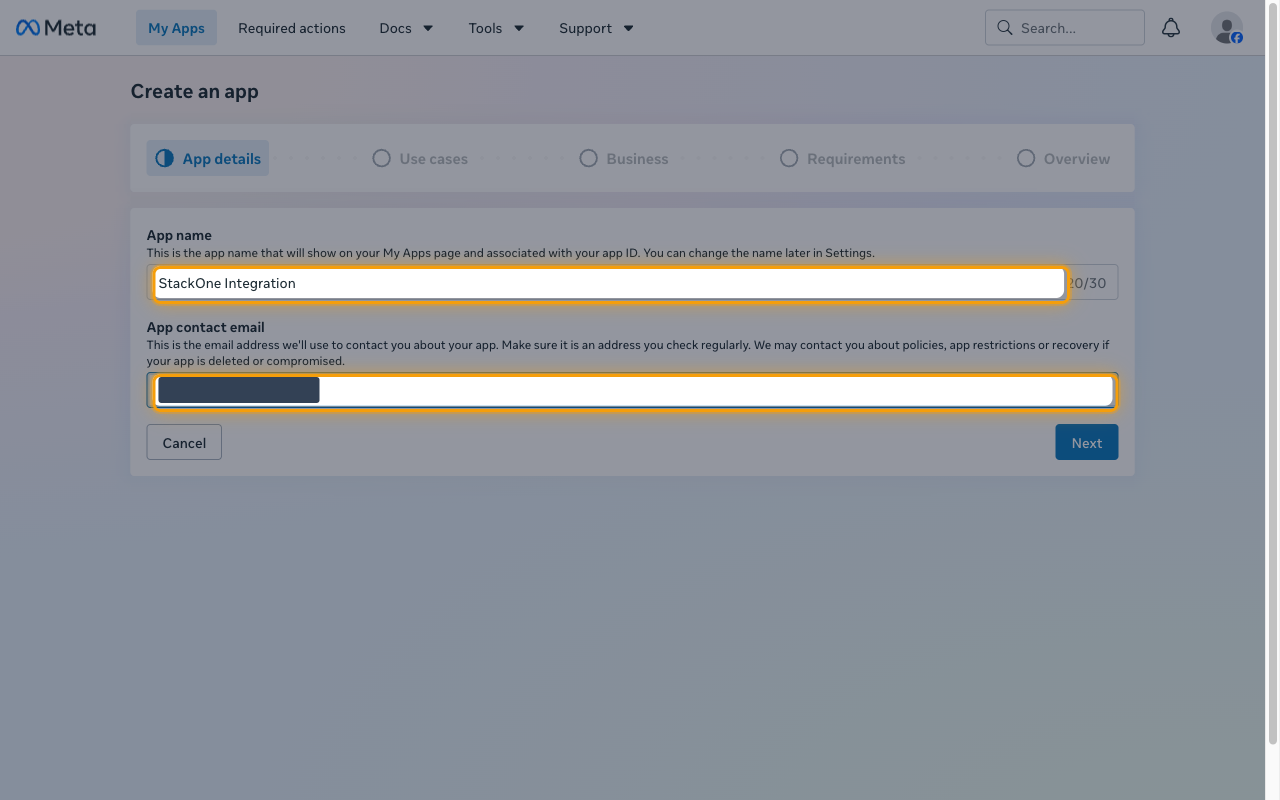 Create an app App details step with the App name and App contact email fields highlighted