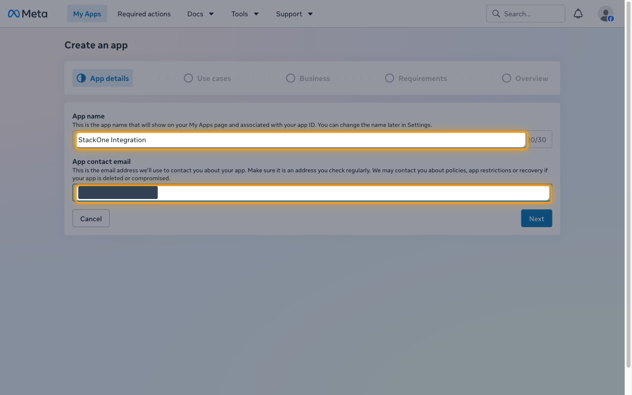 Create an app App details step with the App name and App contact email fields highlighted