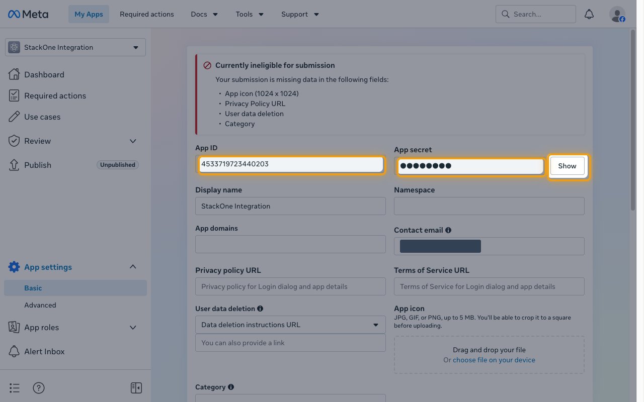App settings Basic page with the App ID, the masked App secret, and the Show button highlighted