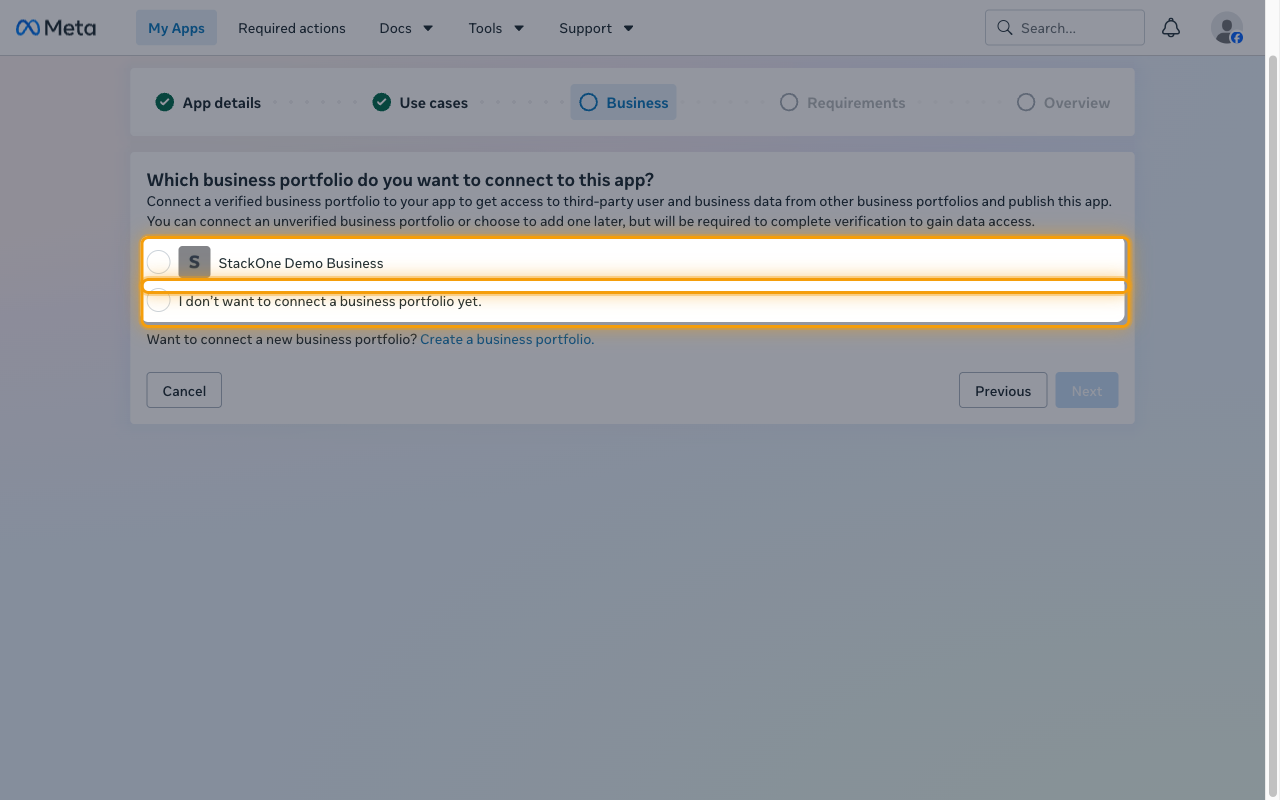 Business step with the portfolio list and the no-portfolio option highlighted