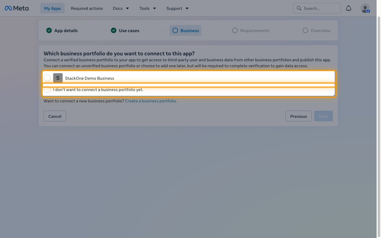 Business step with the portfolio list and the no-portfolio option highlighted