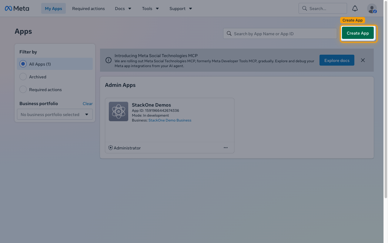 Meta for Developers Apps page with the Create App button highlighted