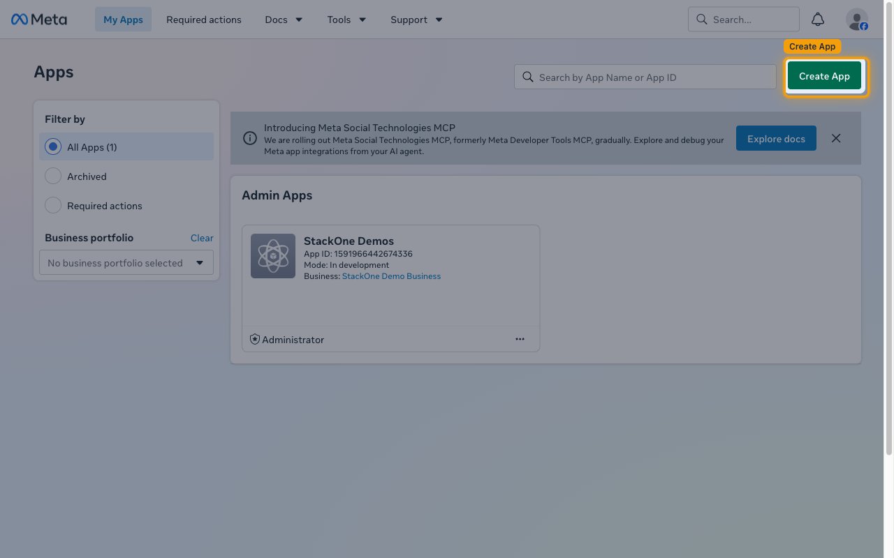 Meta for Developers Apps page with the Create App button highlighted