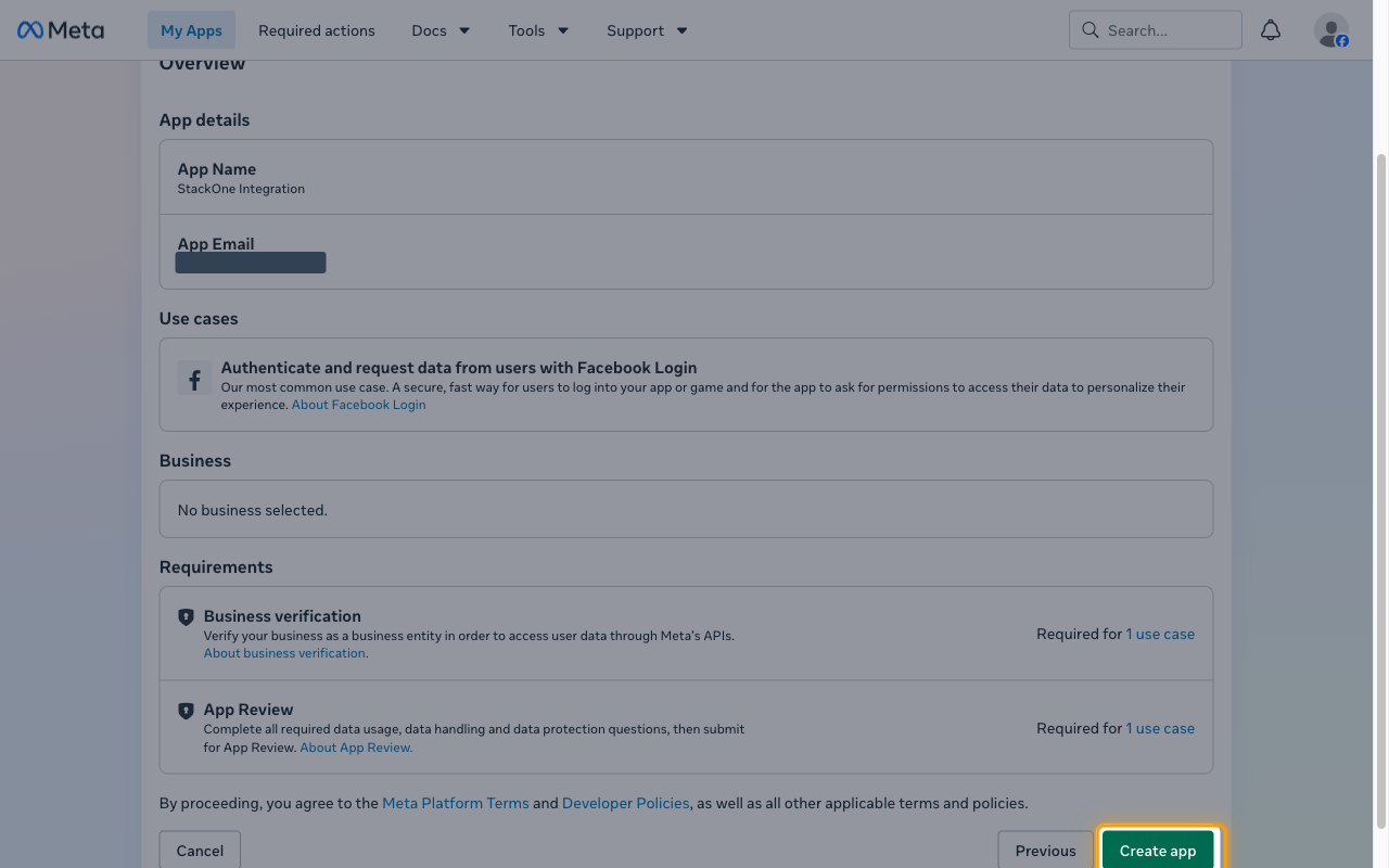 Create an app Overview step with the Create app button highlighted