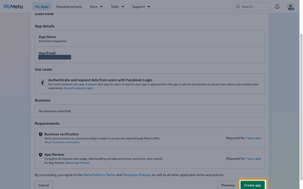 Create an app Overview step with the Create app button highlighted