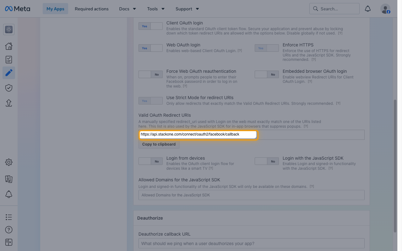 Facebook Login settings with the StackOne callback entered in the Valid OAuth Redirect URIs field