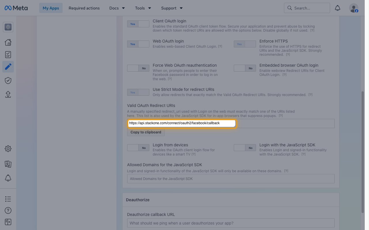 Facebook Login settings with the StackOne callback entered in the Valid OAuth Redirect URIs field