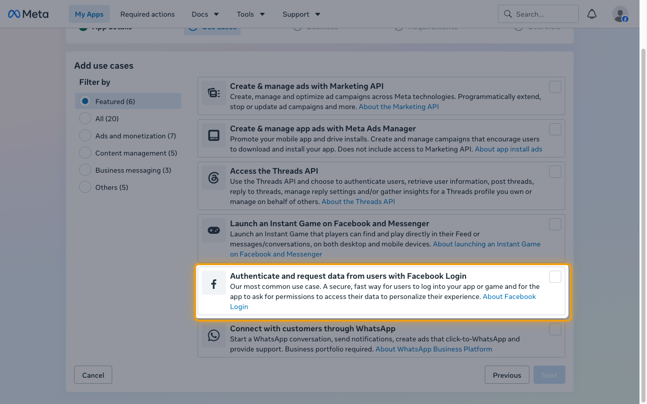 Add use cases step with the Authenticate and request data from users with Facebook Login card highlighted