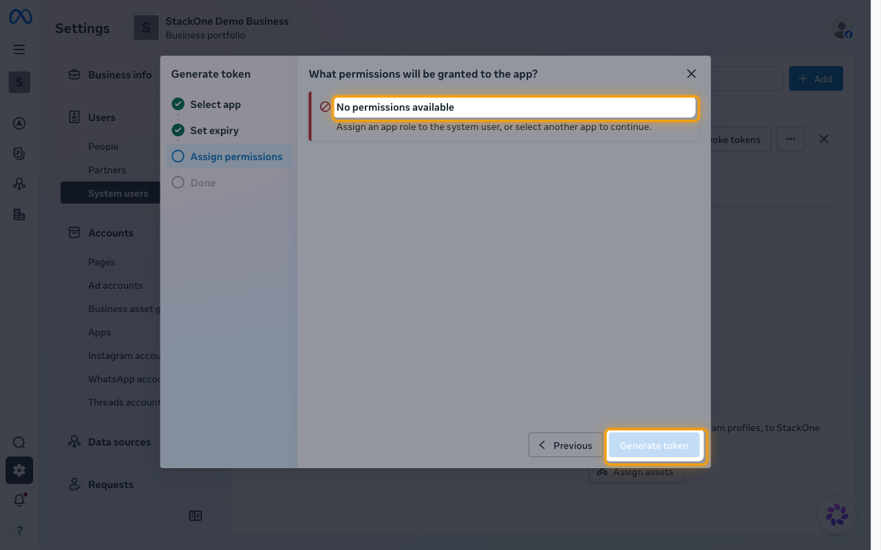 Generate token wizard on the Assign permissions step showing the No permissions available message for a system user with no app role