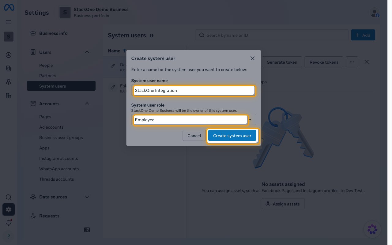 Create system user dialog with the name field, role selector, and Create system user button highlighted