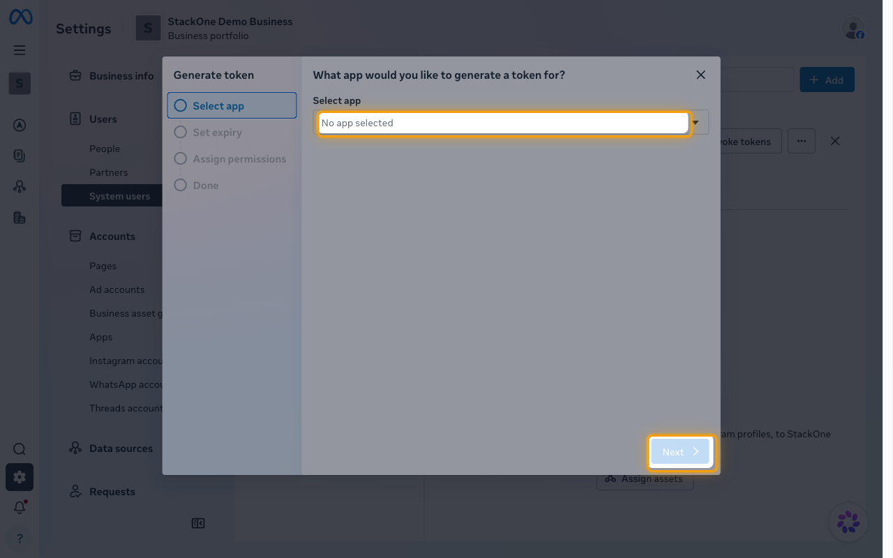 Generate token wizard on the Select app step with the app selector and Next highlighted