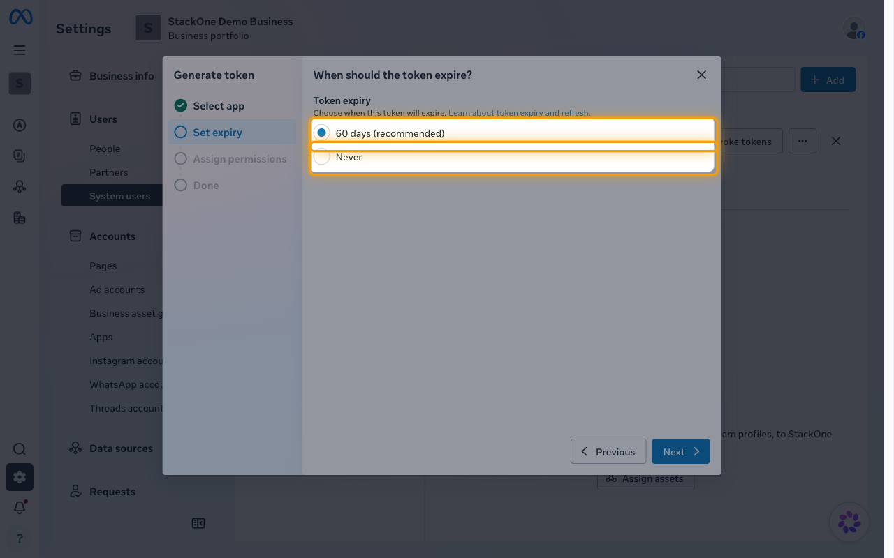 Generate token wizard on the Set expiry step with the 60 days and Never options highlighted