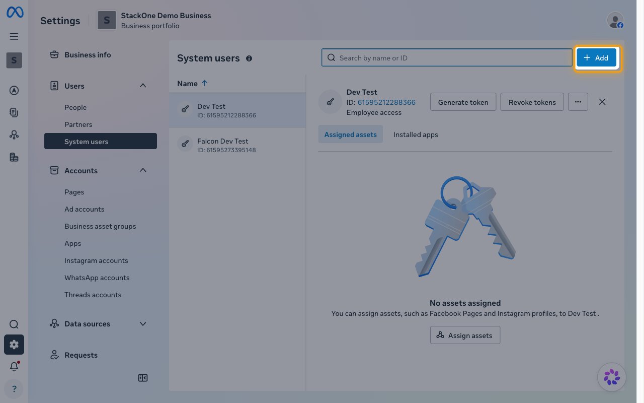 Business settings System users page with the Add button highlighted