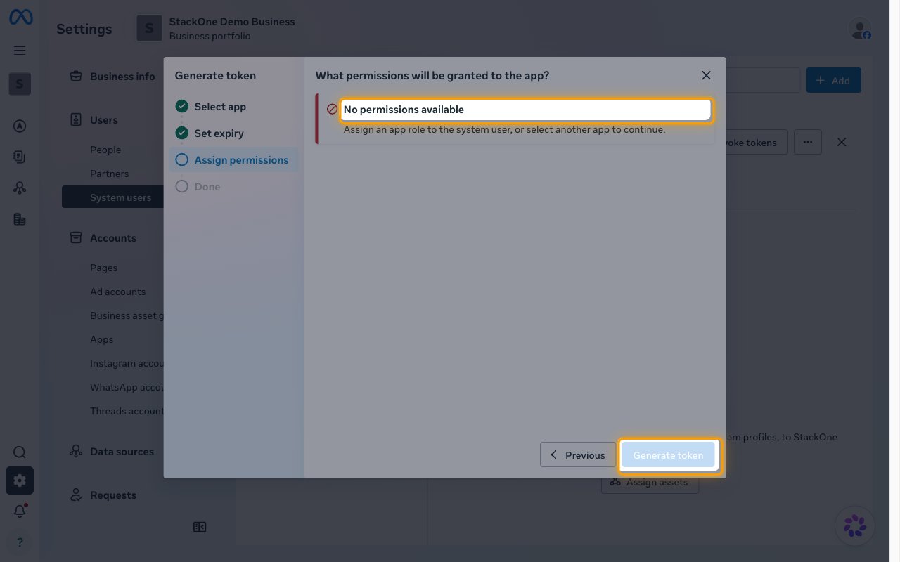 Generate token wizard on the Assign permissions step showing the No permissions available message for a system user with no app role