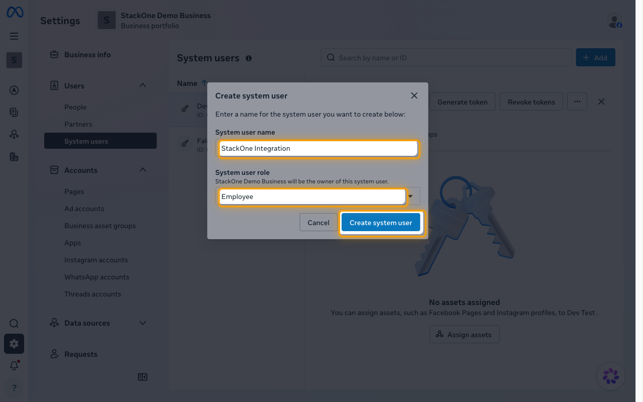 Create system user dialog with the name field, role selector, and Create system user button highlighted