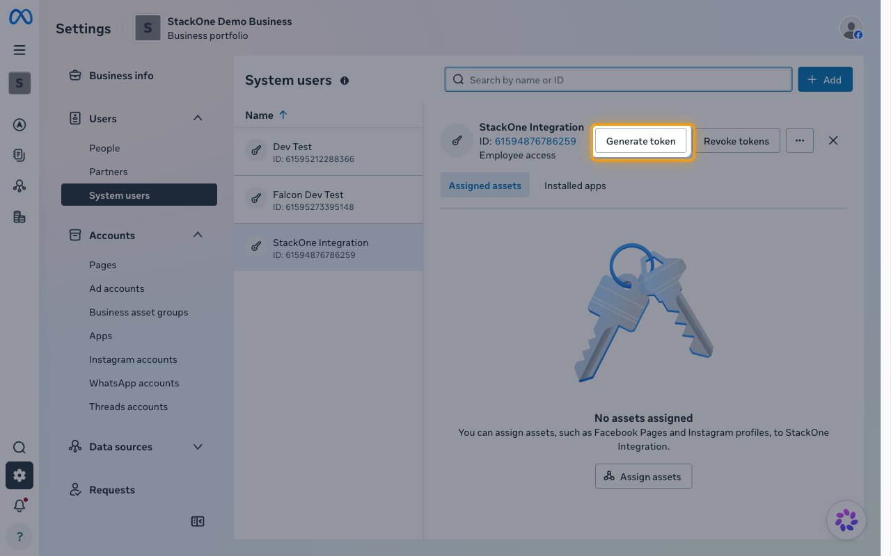 System user detail with the Generate token button highlighted