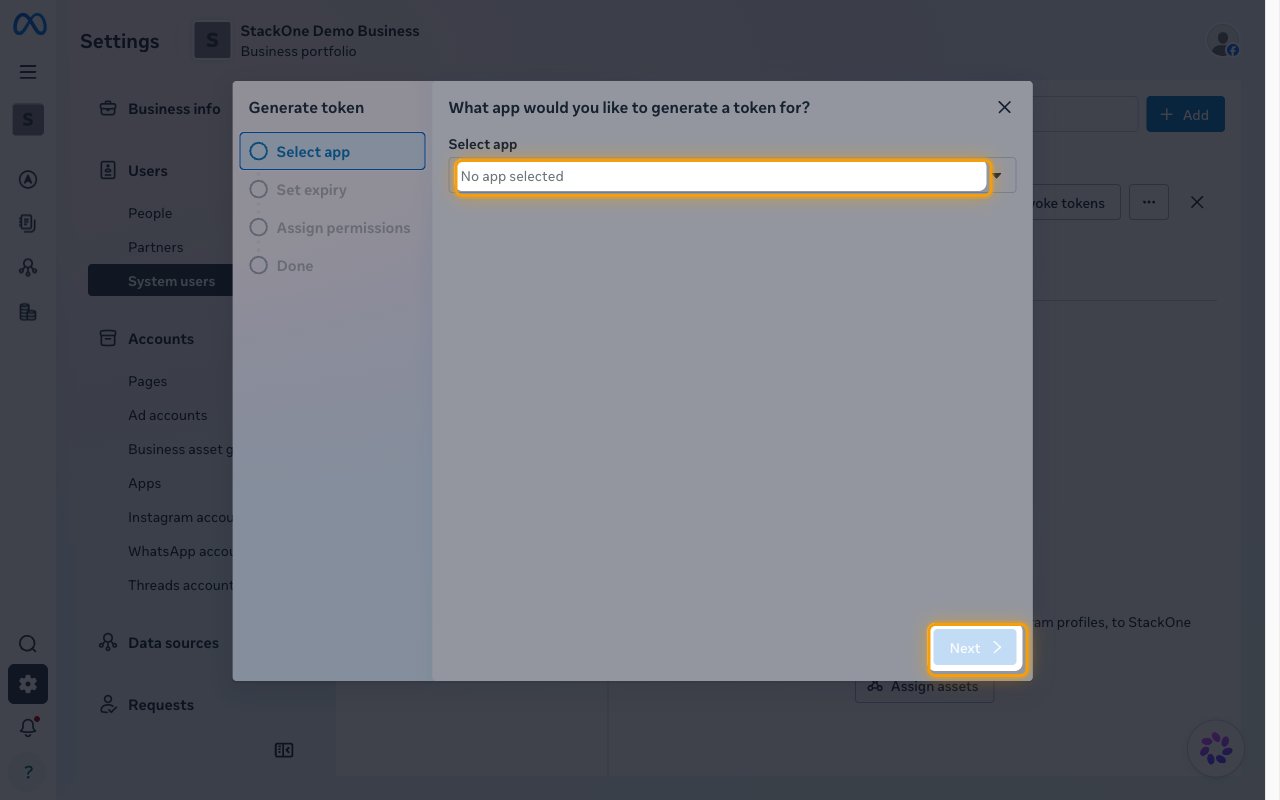 Generate token wizard on the Select app step with the app selector and Next highlighted