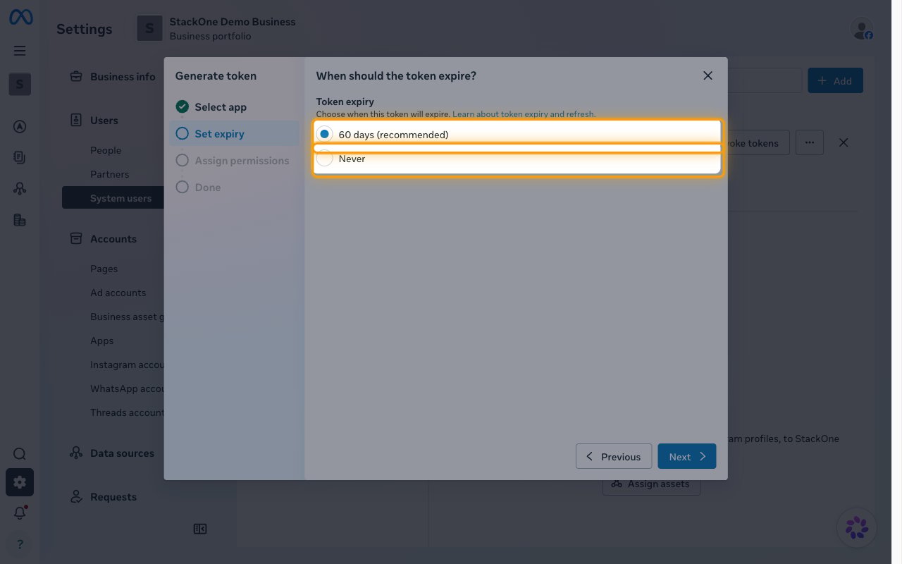 Generate token wizard on the Set expiry step with the 60 days and Never options highlighted