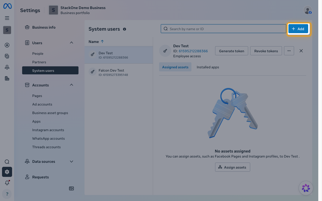 Business settings System users page with the Add button highlighted