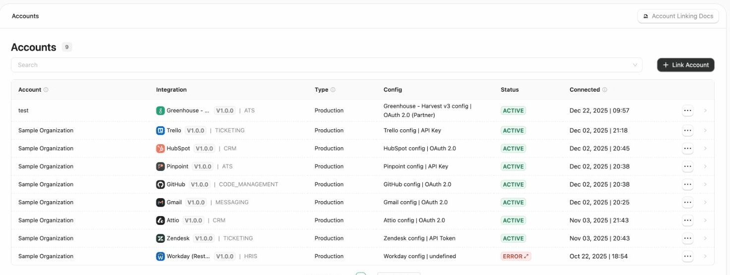 StackOne Accounts page showing linked accounts for BambooHR, Ashby, Workday, and other integrations