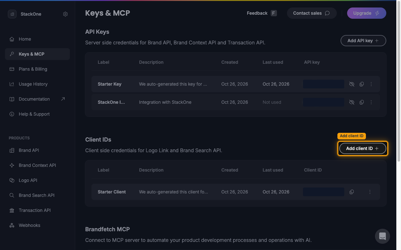 The Keys & MCP page showing the Client IDs table with the Add client ID button highlighted