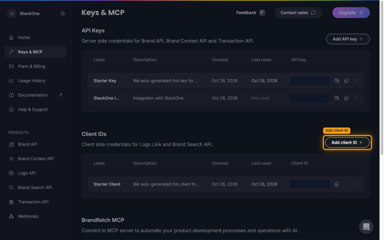 The Keys & MCP page showing the Client IDs table with the Add client ID button highlighted
