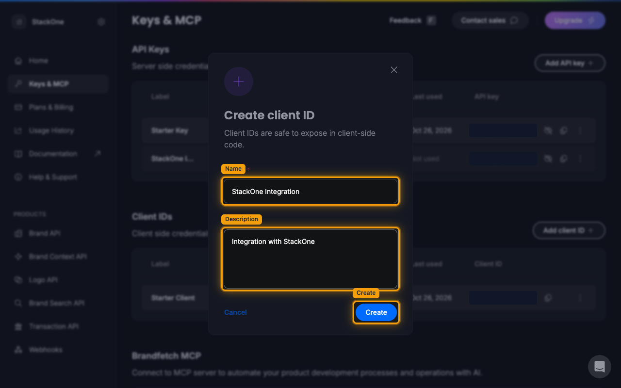 The Create client ID dialog with the Name field, Description field and Create button highlighted
