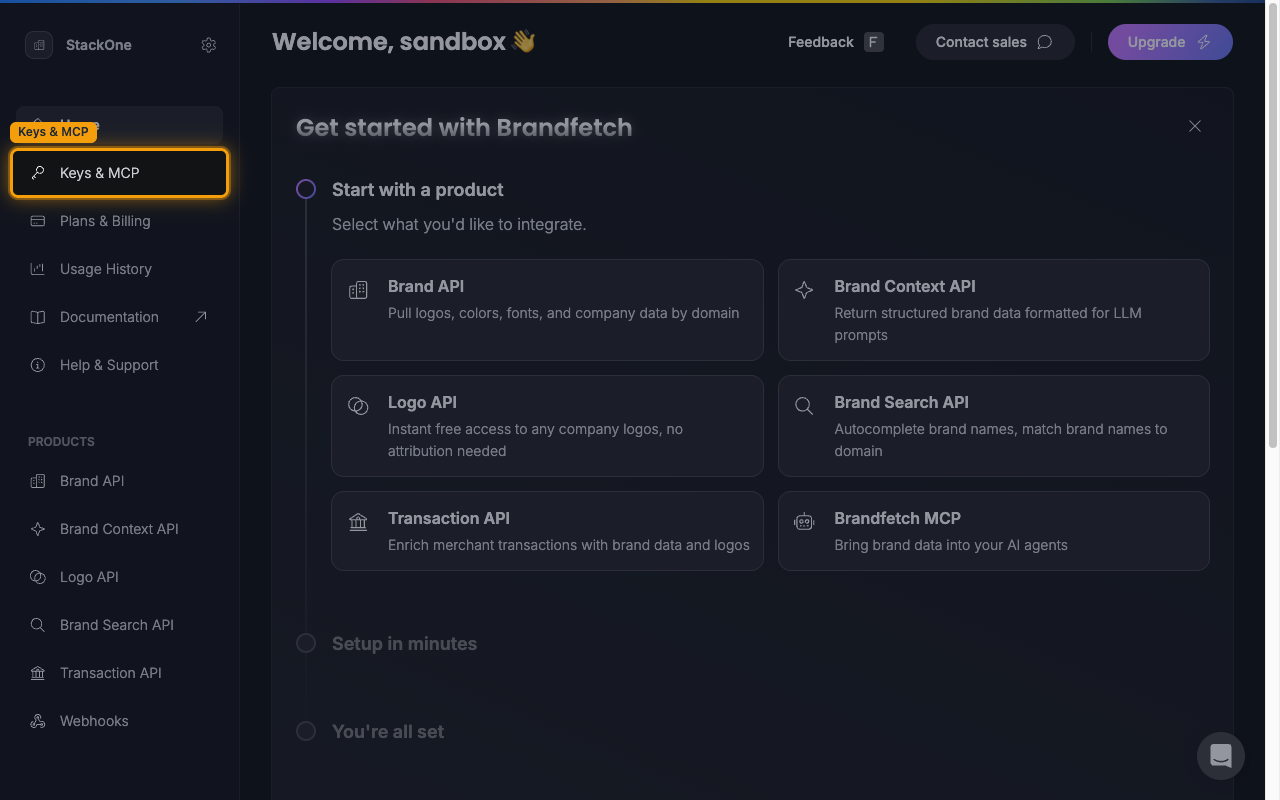 The Brandfetch developer dashboard with Keys & MCP highlighted in the sidebar