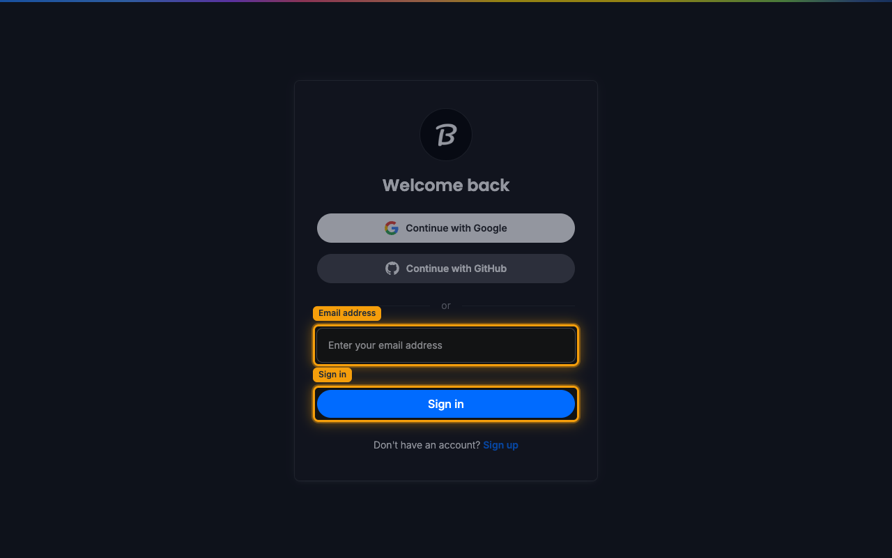 The Brandfetch developer portal sign-in screen with the email field and Sign in button highlighted