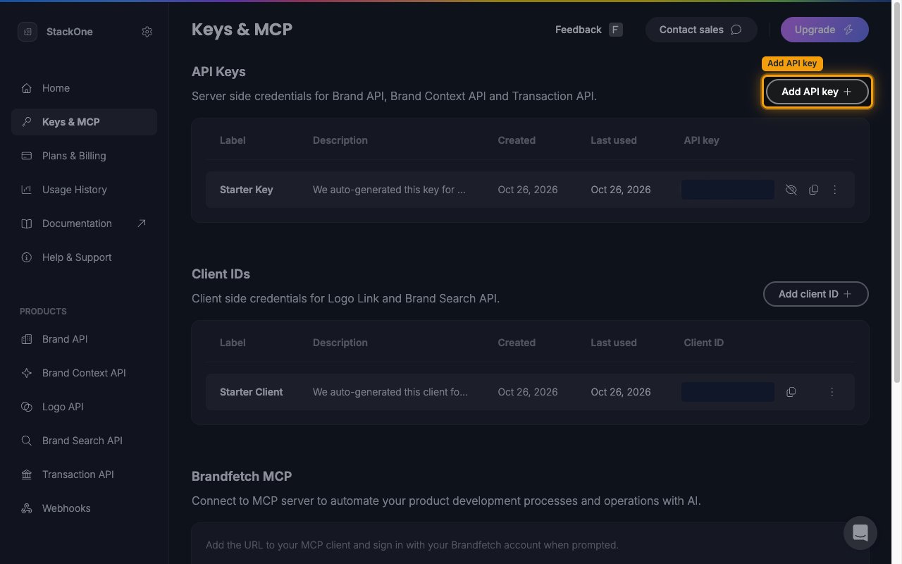 The Keys & MCP page showing the API Keys table with the Add API key button highlighted