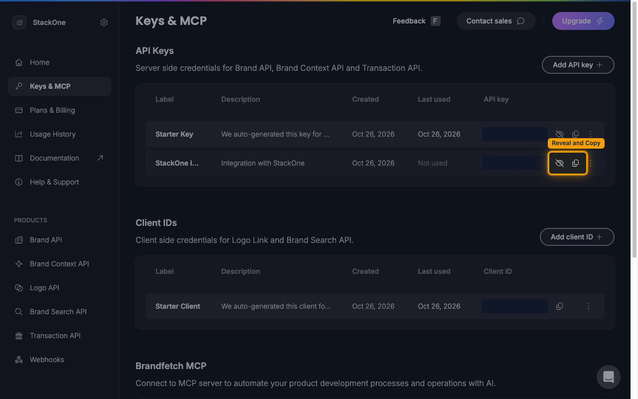 The API Keys table with the reveal and copy icons highlighted on the new key's row
