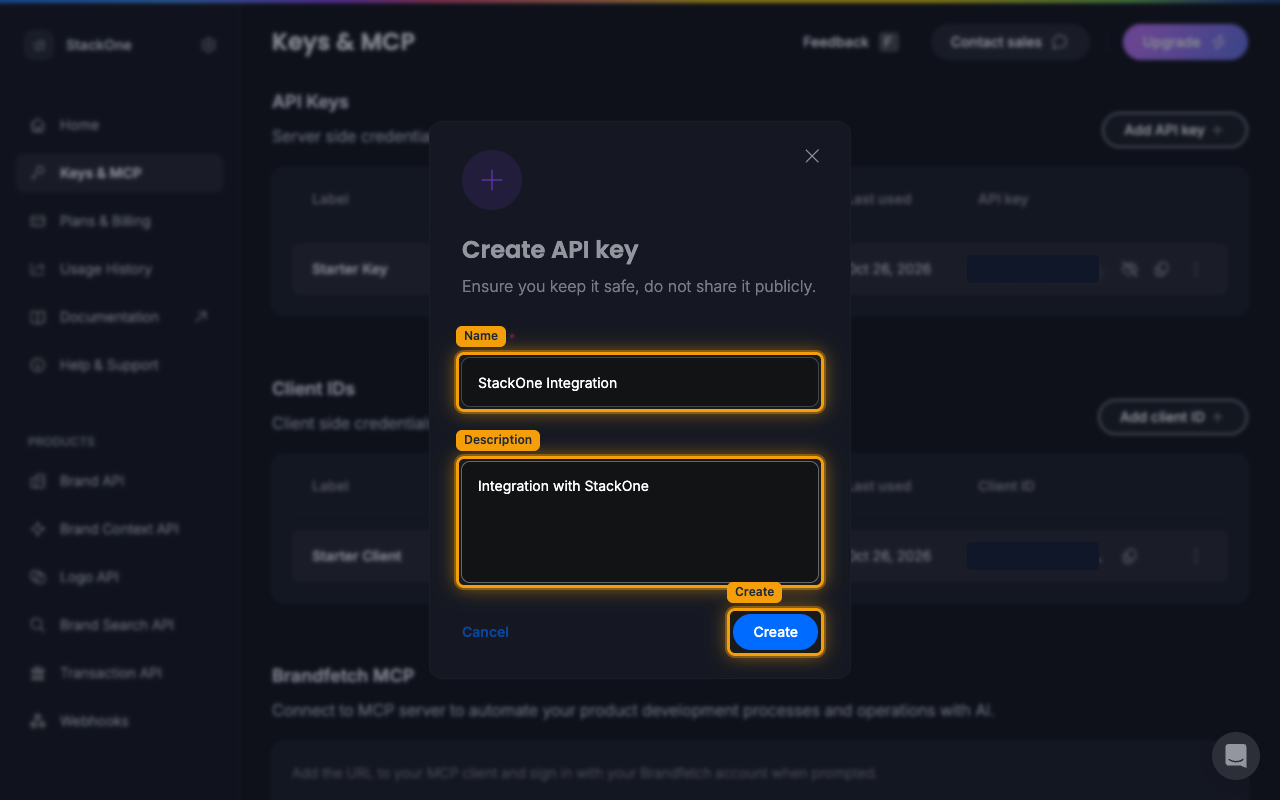 The Create API key dialog with the Name field, Description field and Create button highlighted