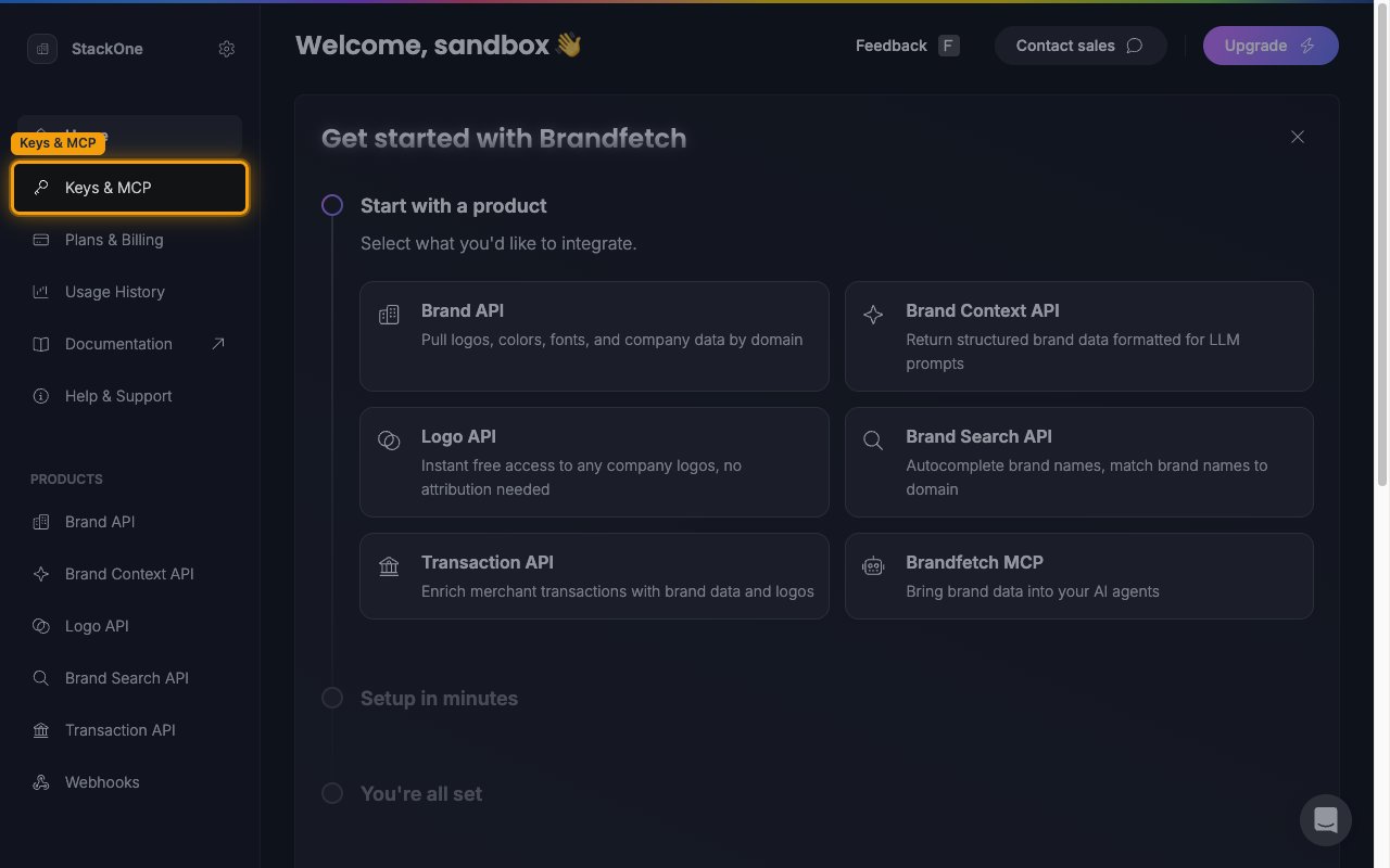 The Brandfetch developer dashboard with Keys & MCP highlighted in the sidebar