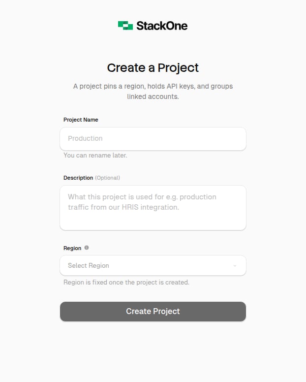 Create a Project form with name, description, and region selection