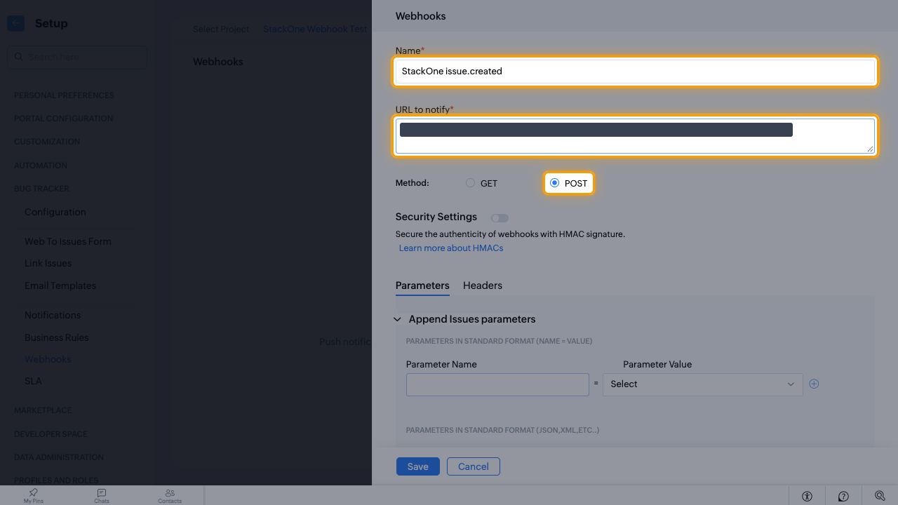 The webhook form with Name, URL to notify and the POST method highlighted