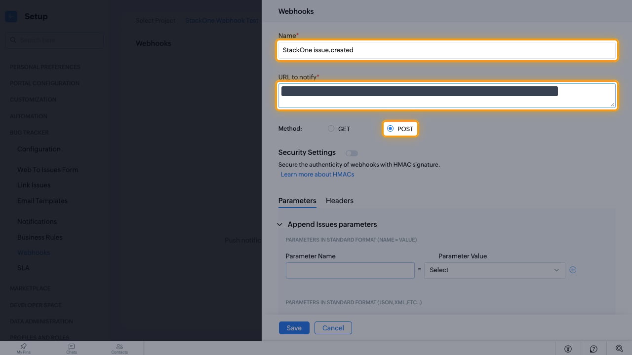 The webhook form with Name, URL to notify and the POST method highlighted