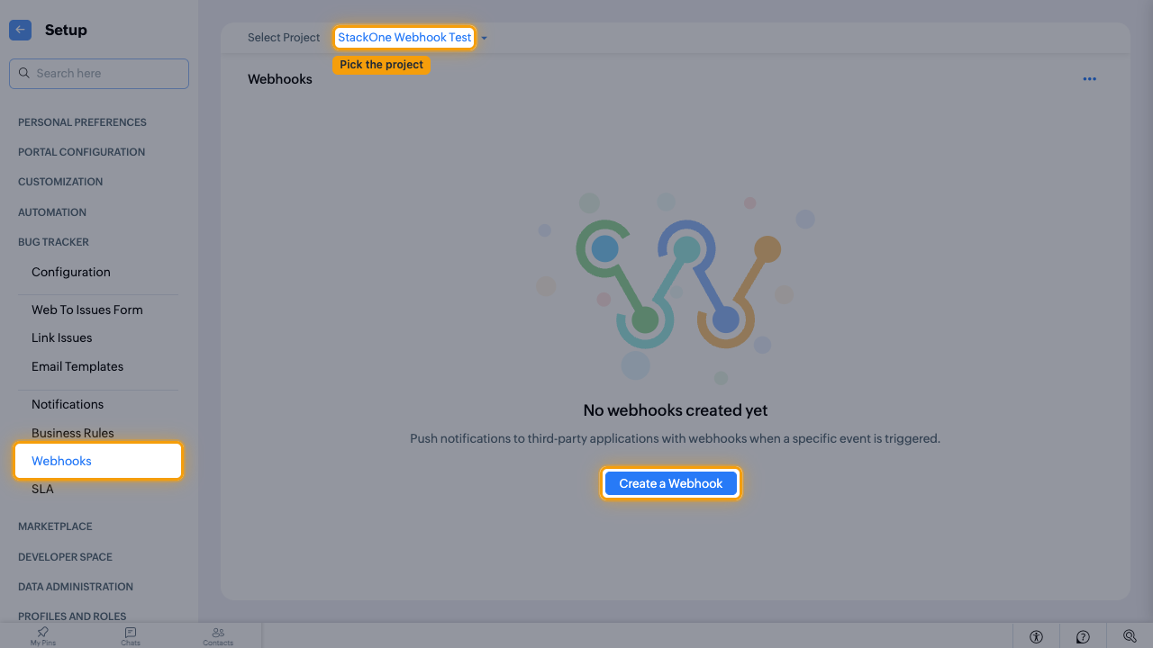 The Bug Tracker Webhooks page with the project selector and Create a Webhook button highlighted